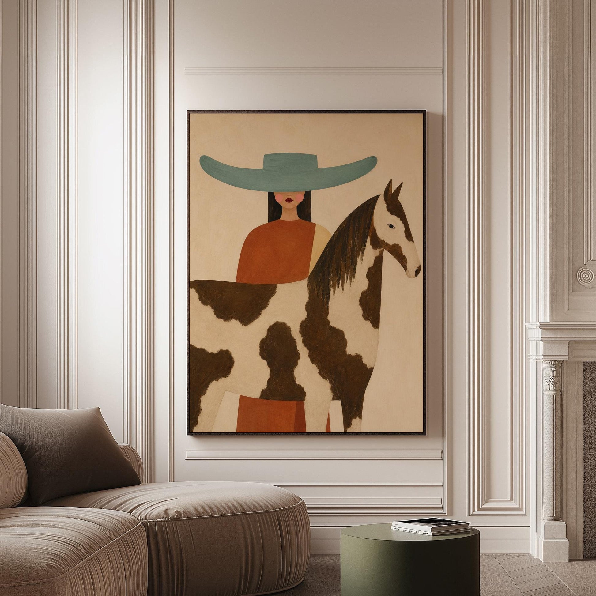 Woman in a teal hat beside a brown and white pinto horse in warm light, canvas print on a softly lit wall in a calm interior