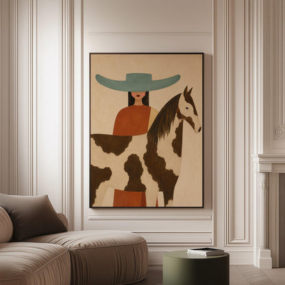 Woman in a teal hat beside a brown and white pinto horse in warm light, canvas print on a softly lit wall in a calm interior