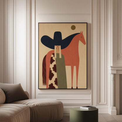 Cowgirl in a black sombrero and cow print cape beside a rust red horse, canvas print on a softly lit wall in a calm interior