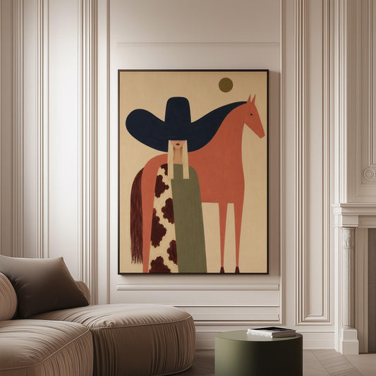 Cowgirl in a black sombrero and cow print cape beside a rust red horse, canvas print on a softly lit wall in a calm interior