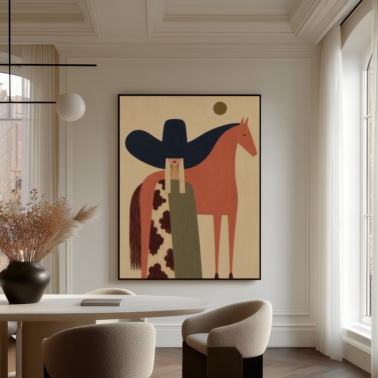 Cowgirl in a black sombrero and cow print cape beside a rust red horse, canvas print presented in a light, minimal room