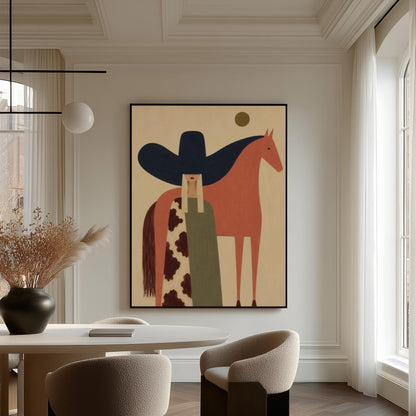 Cowgirl in a black sombrero and cow print cape beside a rust red horse, canvas print presented in a light, minimal room