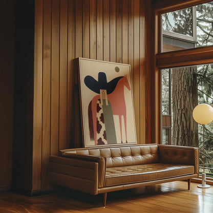 Cowgirl in a black sombrero and cow print cape beside a rust red horse, canvas print on a quiet wall in a considered interior