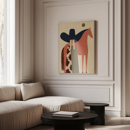 Cowgirl in a black sombrero and cow print cape beside a rust red horse, canvas print shown to scale in a furnished room