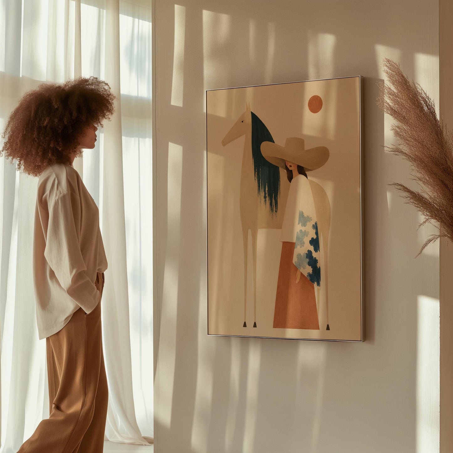 Woman in a broad tan hat beside a cream horse with a teal mane at sunset, canvas print styled against a soft white wall