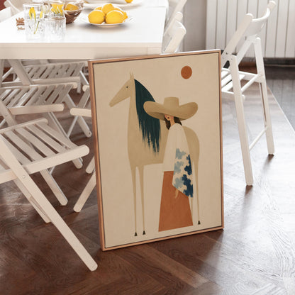 Woman in a broad tan hat beside a cream horse with a teal mane at sunset, canvas print displayed on a neutral wall in a styled interior