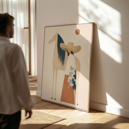 Woman in a broad tan hat beside a cream horse with a teal mane at sunset, canvas wall art hanging in a calm, modern living space