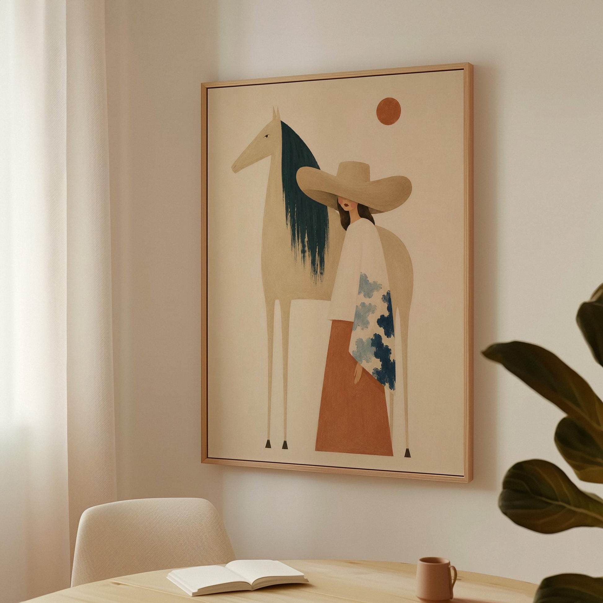 Woman in a broad tan hat beside a cream horse with a teal mane at sunset, canvas wall art presented in a light, minimal room
