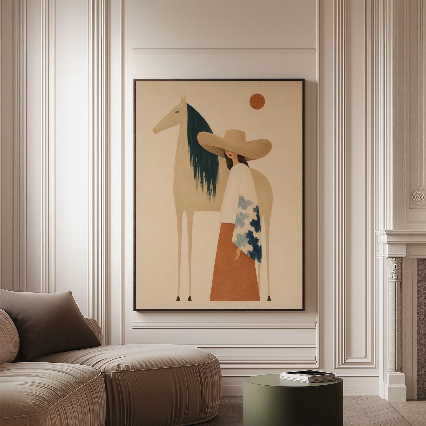 Woman in a broad tan hat beside a cream horse with a teal mane at sunset, canvas print on a softly lit wall in a calm interior
