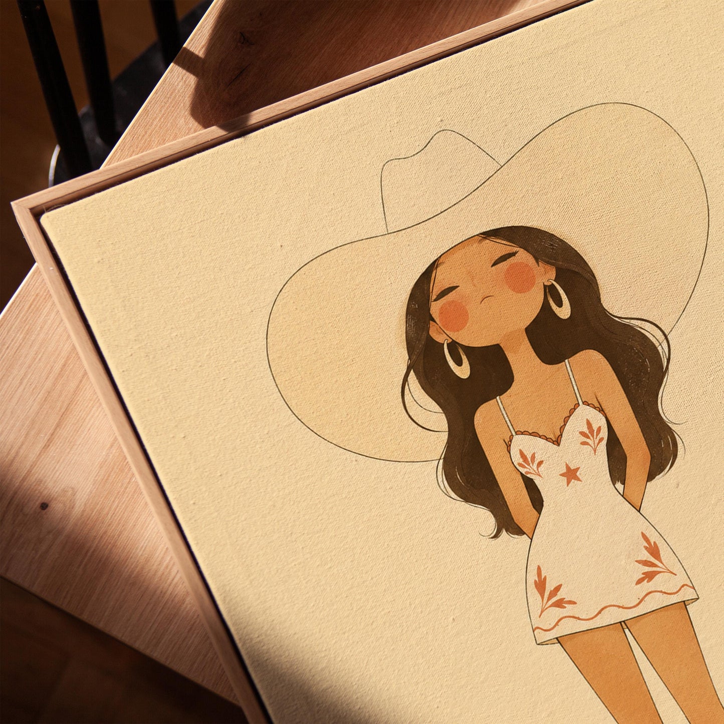 Cowgirl in a white dress, pale cowboy hat and tan boots on a cream ground, canvas print in a warm, minimally styled interior