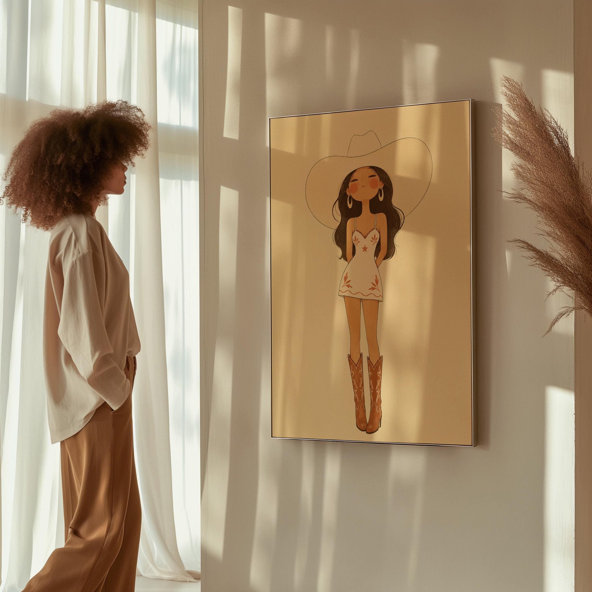 Cowgirl in a white dress, pale cowboy hat and tan boots on a cream ground, canvas print on a quiet wall in a considered interior