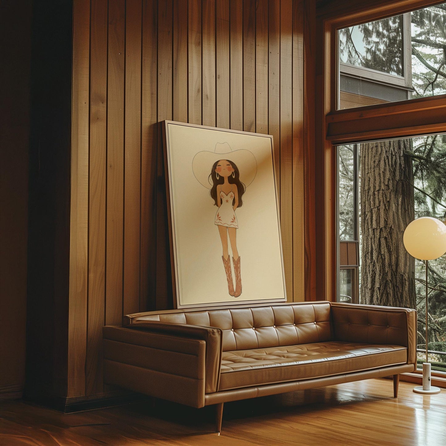 Cowgirl in a white dress, pale cowboy hat and tan boots on a cream ground, canvas print shown to scale in a furnished room