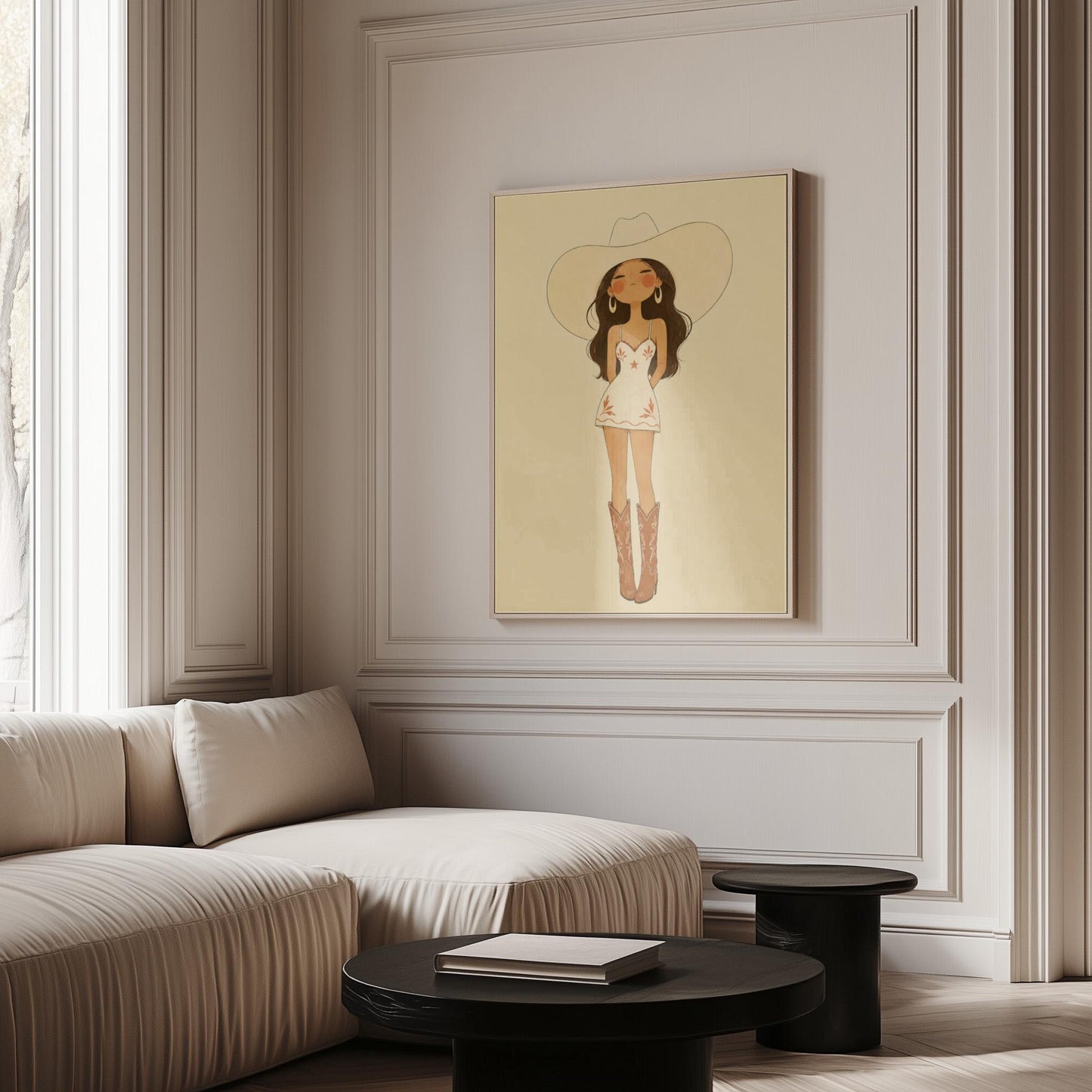 Cowgirl in a white dress, pale cowboy hat and tan boots on a cream ground, canvas wall art seen in a warm interior with natural light