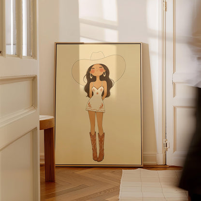 Cowgirl in a white dress, pale cowboy hat and tan boots on a cream ground, canvas wall art presented in a light, minimal room