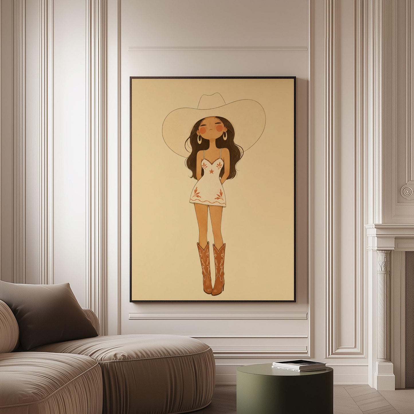 Cowgirl in a white dress, pale cowboy hat and tan boots on a cream ground, canvas print on a softly lit wall in a calm interior