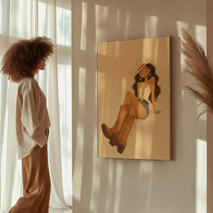 Cowgirl in denim shorts and cowboy boots leaning back under a wide pale hat, canvas print on a quiet wall in a considered interior