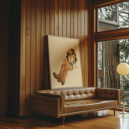 Cowgirl in denim shorts and cowboy boots leaning back under a wide pale hat, canvas wall art on a quiet wall in a considered interior