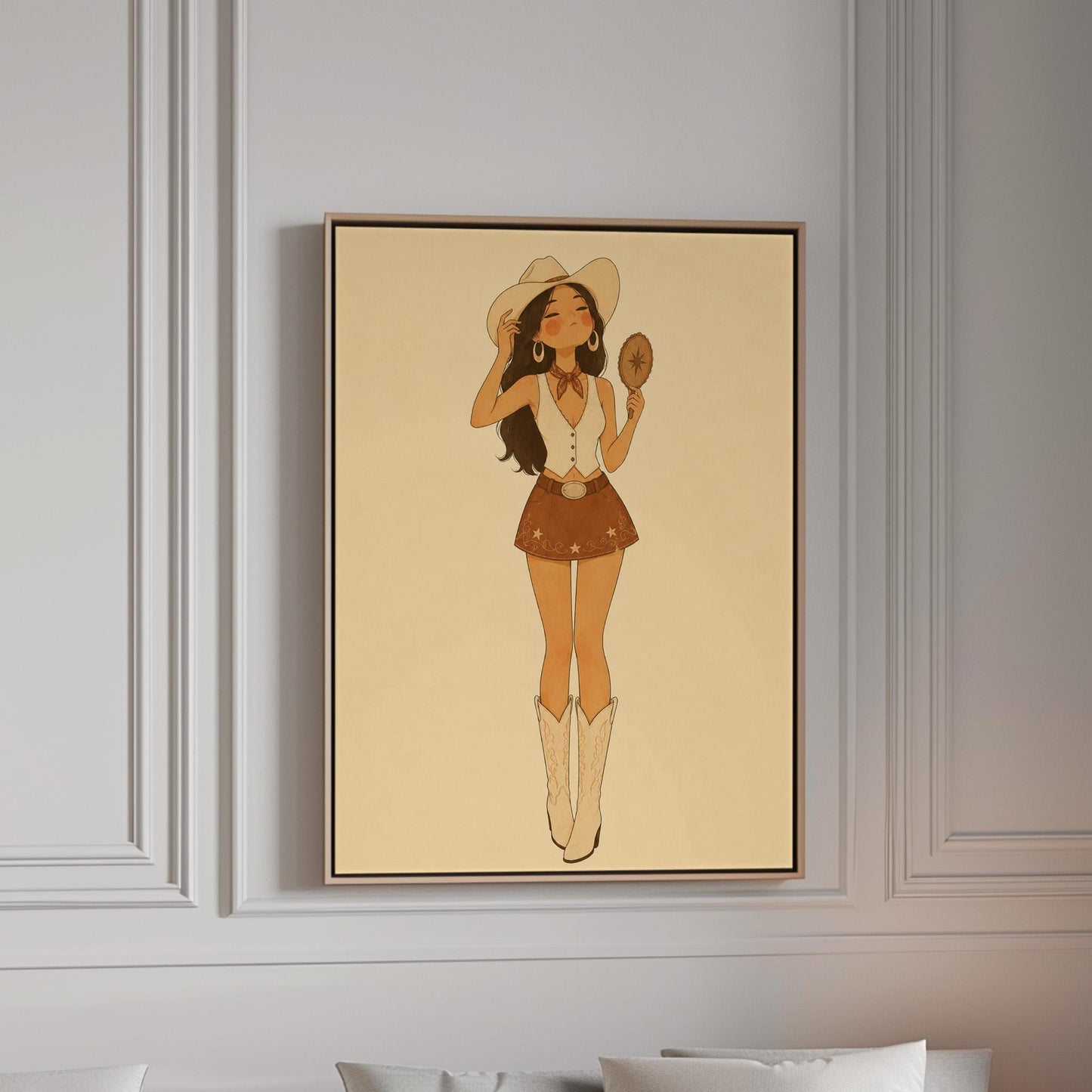 Cowgirl with a hand mirror tipping her hat in a vest and suede mini skirt, canvas print in a bright room with natural daylight
