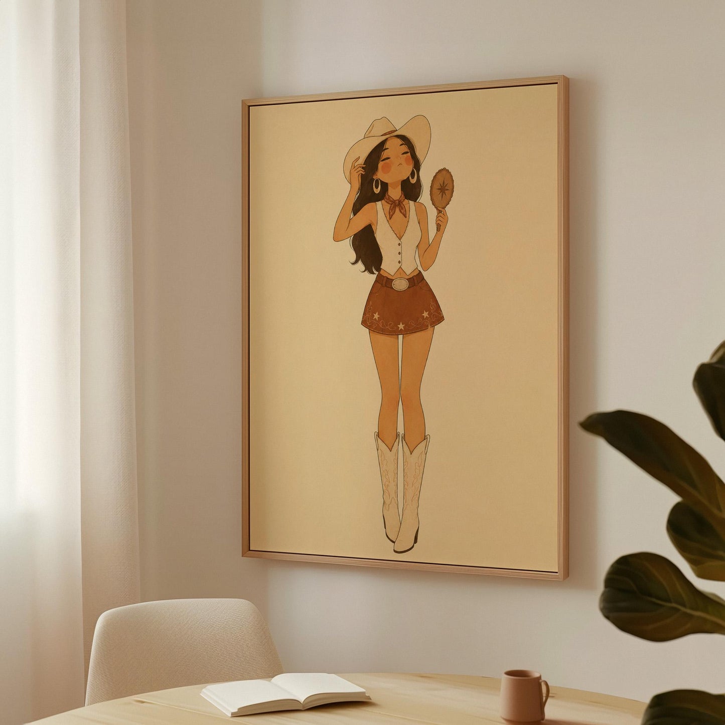 Cowgirl with a hand mirror tipping her hat in a vest and suede mini skirt, canvas print shown to scale in a furnished room
