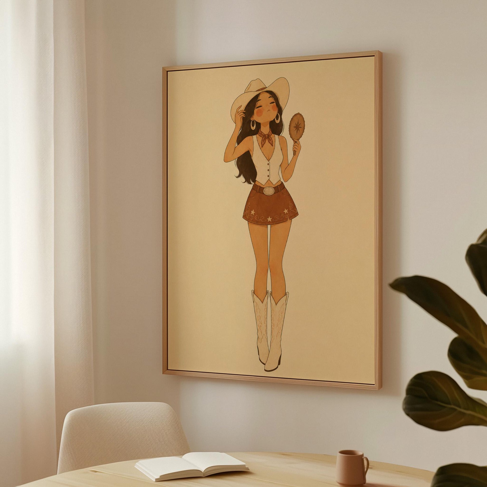 Cowgirl with a hand mirror tipping her hat in a vest and suede mini skirt, canvas print shown to scale in a furnished room