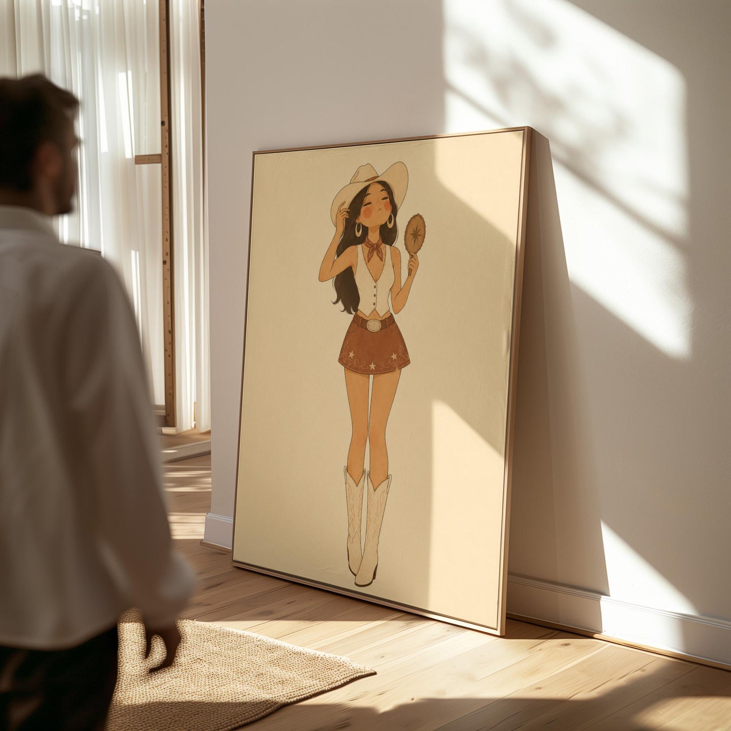 Cowgirl with a hand mirror tipping her hat in a vest and suede mini skirt, canvas print shown in a sunlit, contemporary room