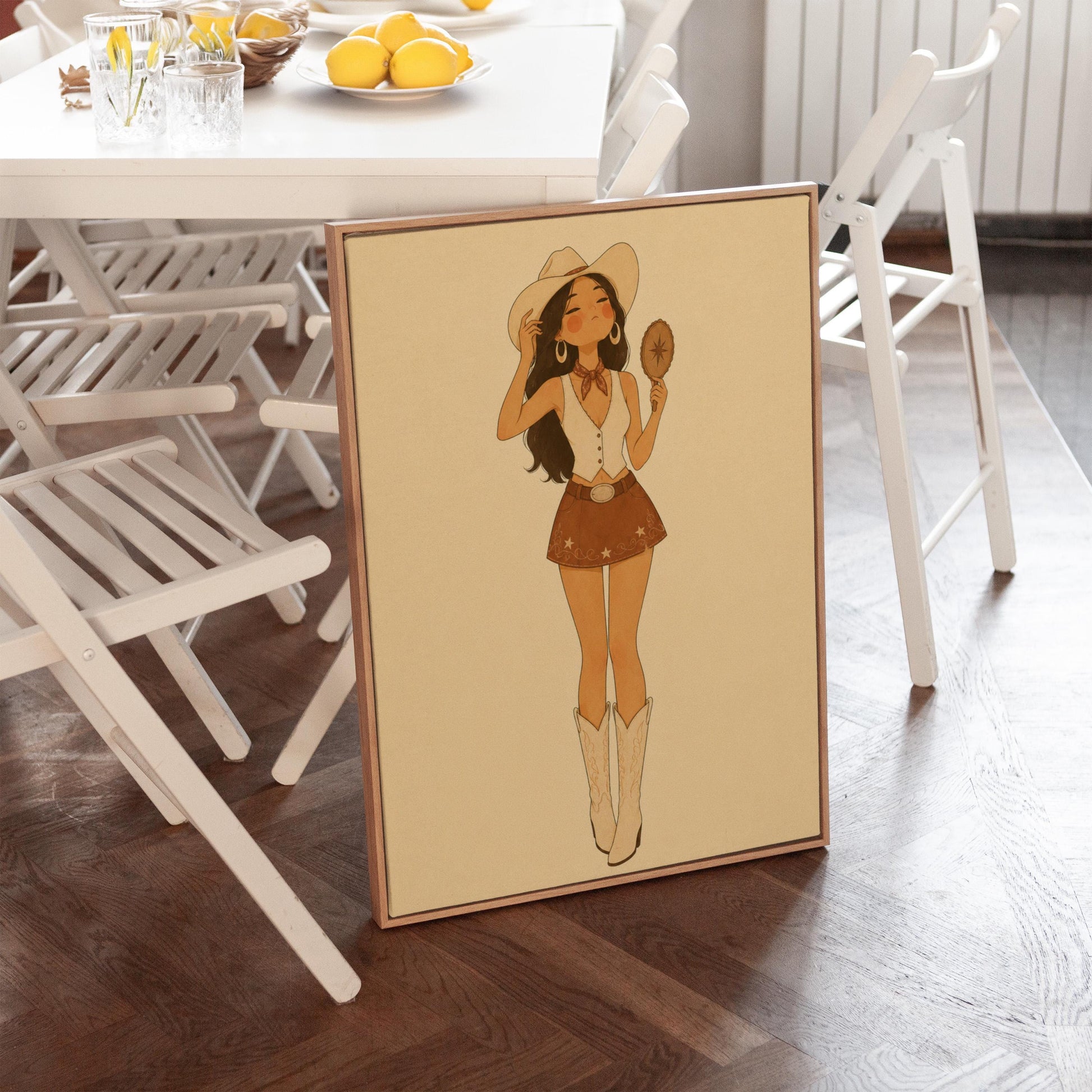 Cowgirl with a hand mirror tipping her hat in a vest and suede mini skirt, canvas wall art styled against a soft white wall
