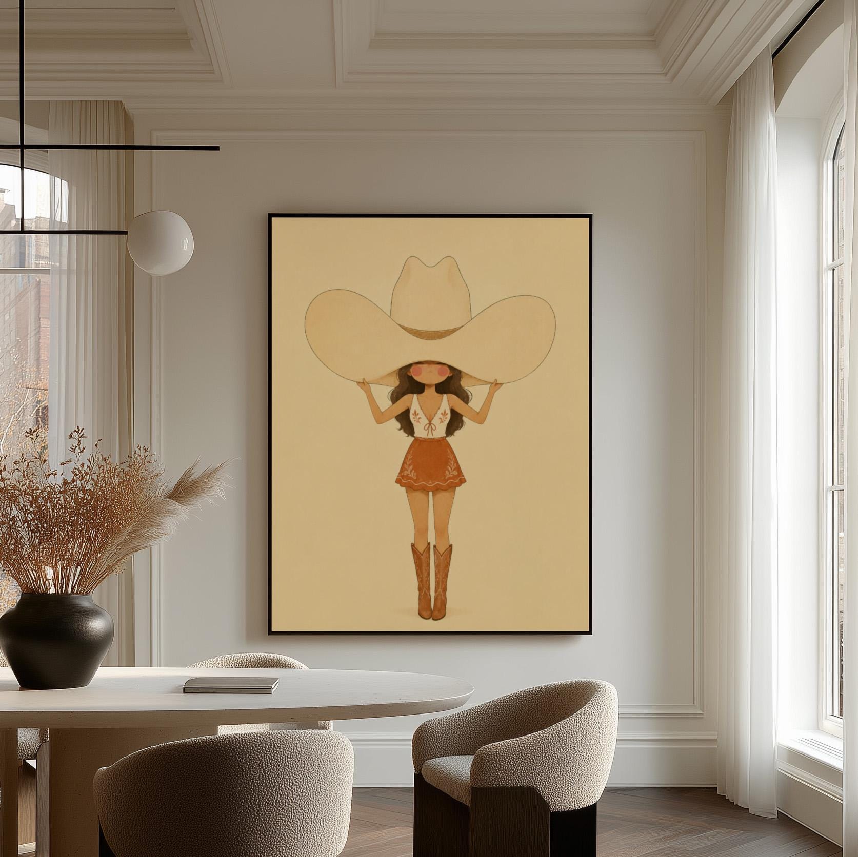 Cowgirl lifting an oversized cream cowboy hat above her head in tall boots, canvas print displayed on a neutral wall in a styled interior