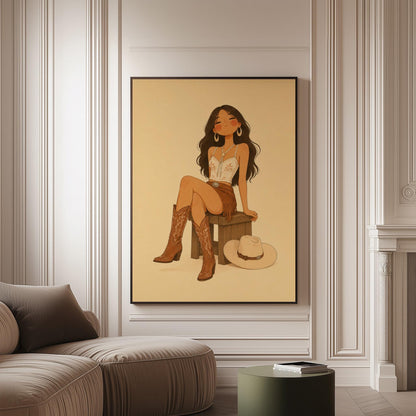 Cowgirl resting on a stool in a fringed skirt and boots with hat on floor, canvas print on a softly lit wall in a calm interior