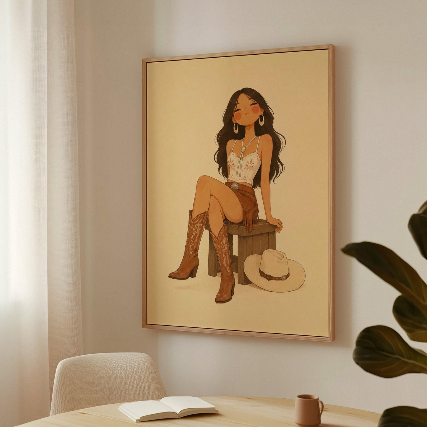 Cowgirl resting on a stool in a fringed skirt and boots with hat on floor, canvas print presented in a light, minimal room