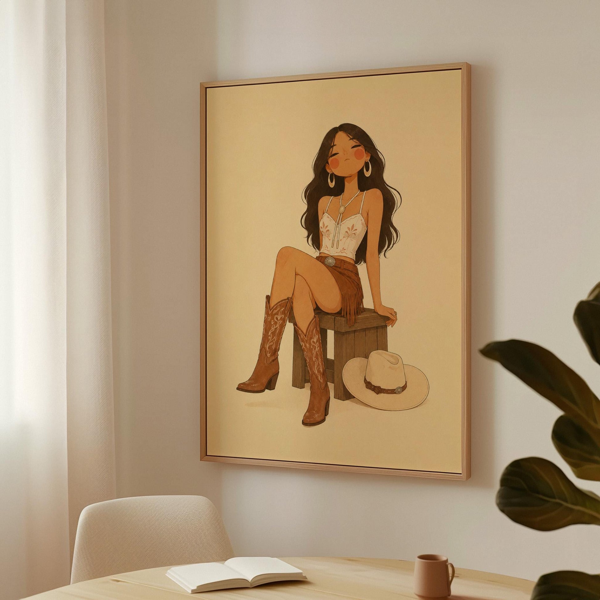 Cowgirl resting on a stool in a fringed skirt and boots with hat on floor, canvas print presented in a light, minimal room