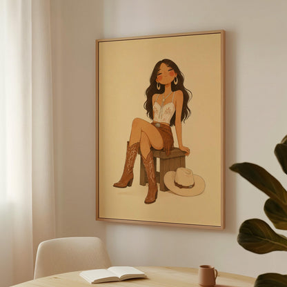 Cowgirl resting on a stool in a fringed skirt and boots with hat on floor, canvas print presented in a light, minimal room