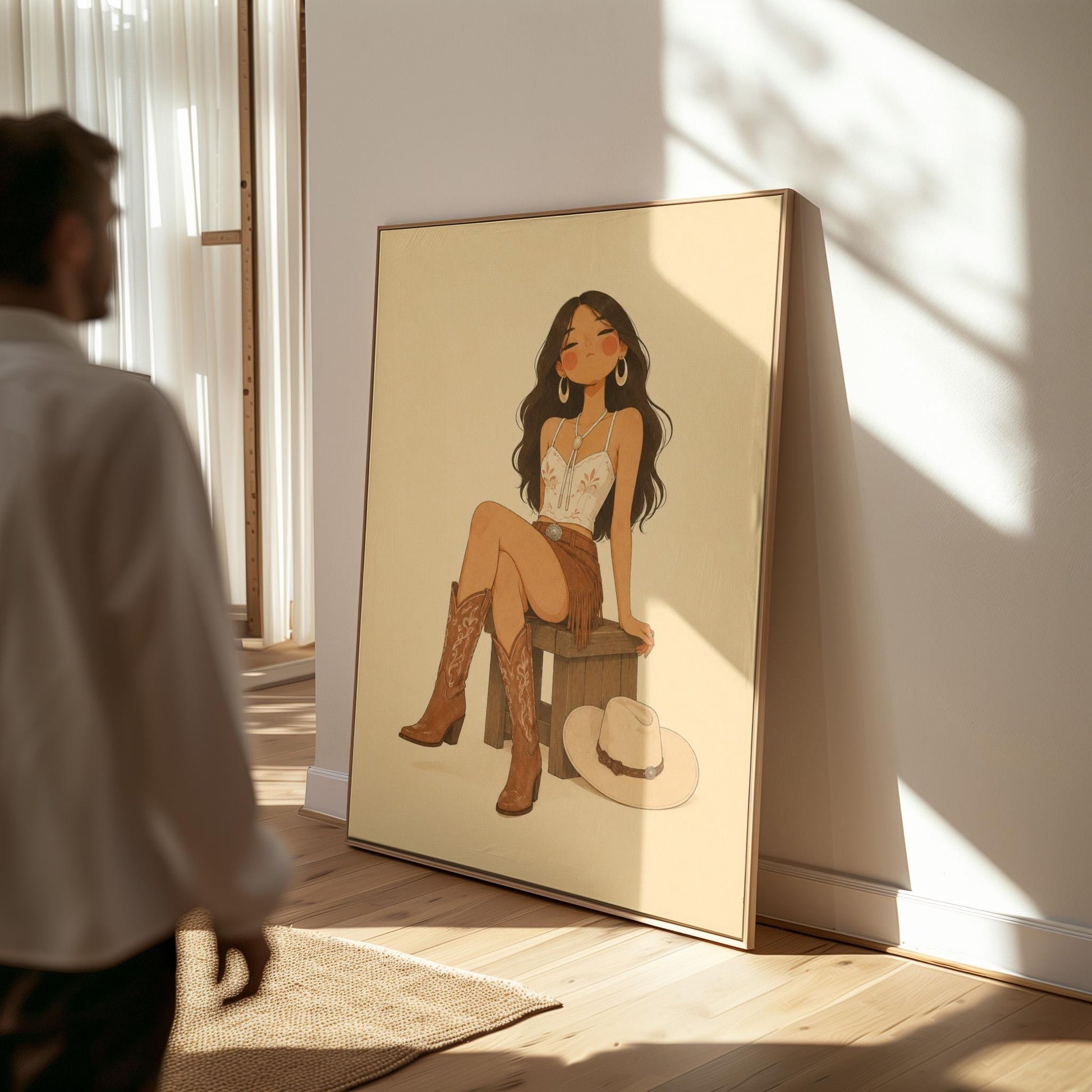 Cowgirl resting on a stool in a fringed skirt and boots with hat on floor, canvas wall art hanging in a calm, modern living space