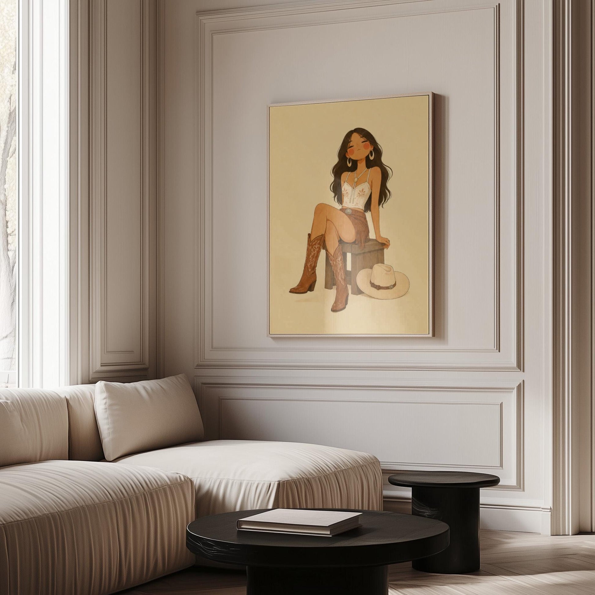 Cowgirl resting on a stool in a fringed skirt and boots with hat on floor, canvas wall art on a quiet wall in a considered interior