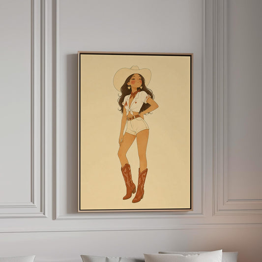 Cowgirl in white shirt and red boots on a warm cream background, canvas print in a bright room with natural daylight