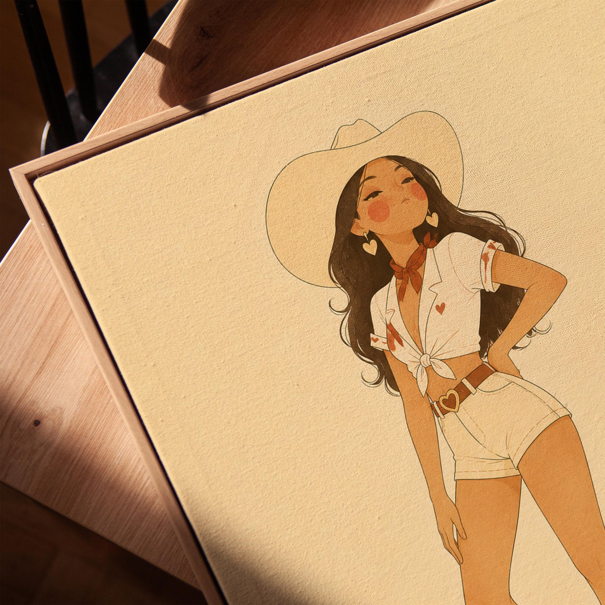 Cowgirl in white shirt and red boots on a warm cream background, canvas print in a warm, minimally styled interior