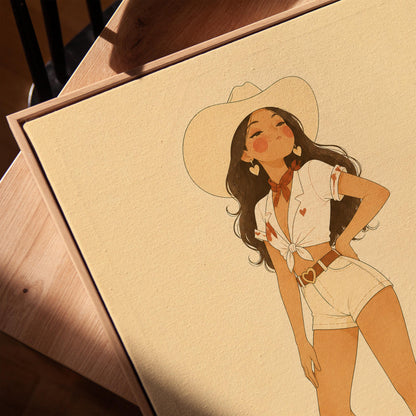 Cowgirl in white shirt and red boots on a warm cream background, canvas print in a warm, minimally styled interior