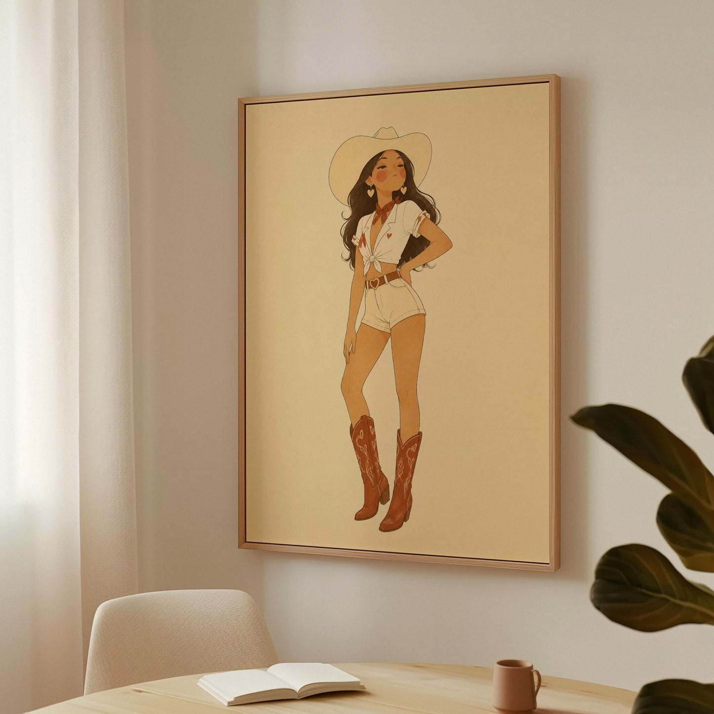 Cowgirl in white shirt and red boots on a warm cream background, canvas print seen in a warm interior with natural light