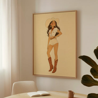 Cowgirl in white shirt and red boots on a warm cream background, canvas print seen in a warm interior with natural light