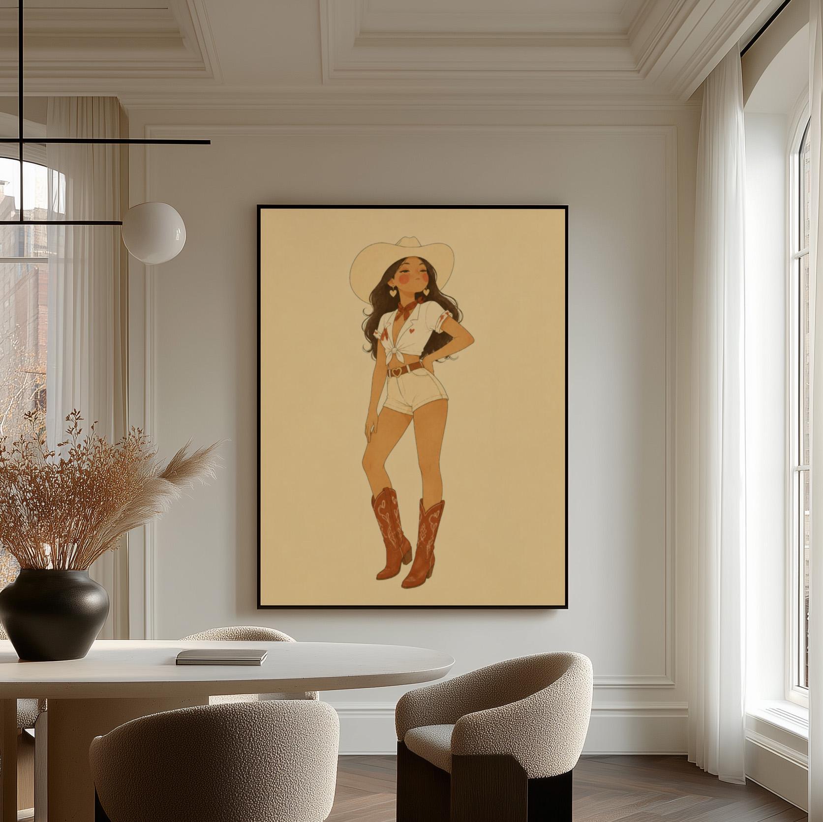 Cowgirl in white shirt and red boots on a warm cream background, canvas wall art on a quiet wall in a considered interior