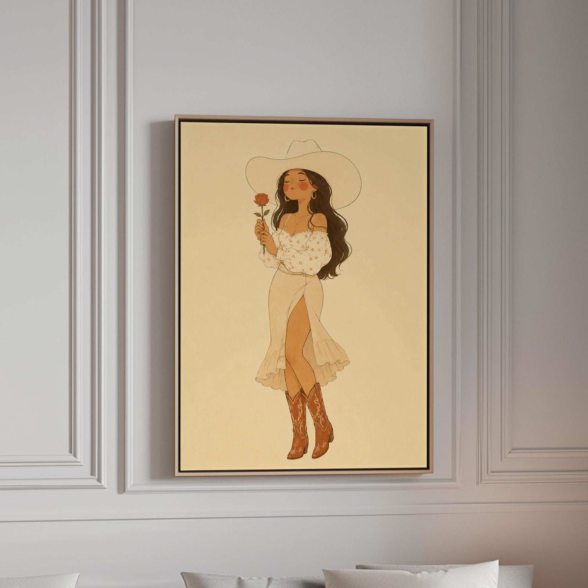 Cowgirl in white dress holding a red rose under a wide hat, canvas print in a bright room with natural daylight
