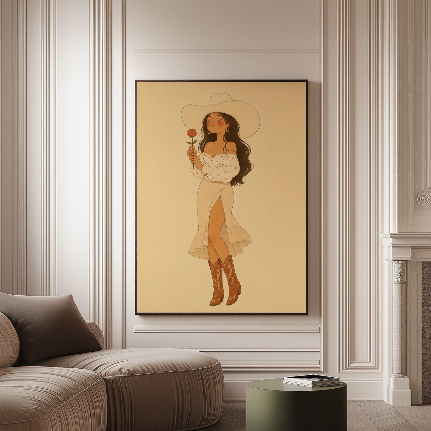 Cowgirl in white dress holding a red rose under a wide hat, canvas print on a softly lit wall in a calm interior