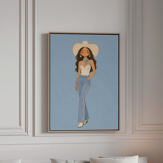 Cowgirl in flare jeans and white top against a dusty blue field, canvas print in a bright room with natural daylight