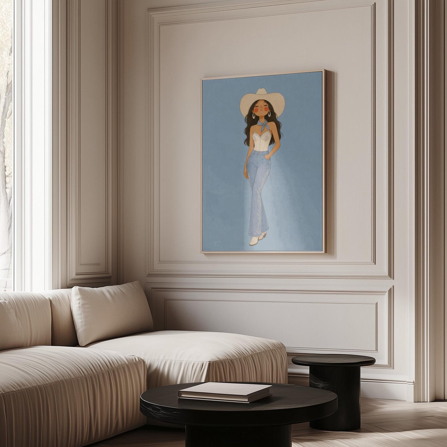 Cowgirl in flare jeans and white top against a dusty blue field, canvas print displayed on a neutral wall in a styled interior