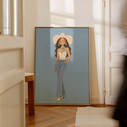 Cowgirl in flare jeans and white top against a dusty blue field, canvas print hanging in a calm, modern living space