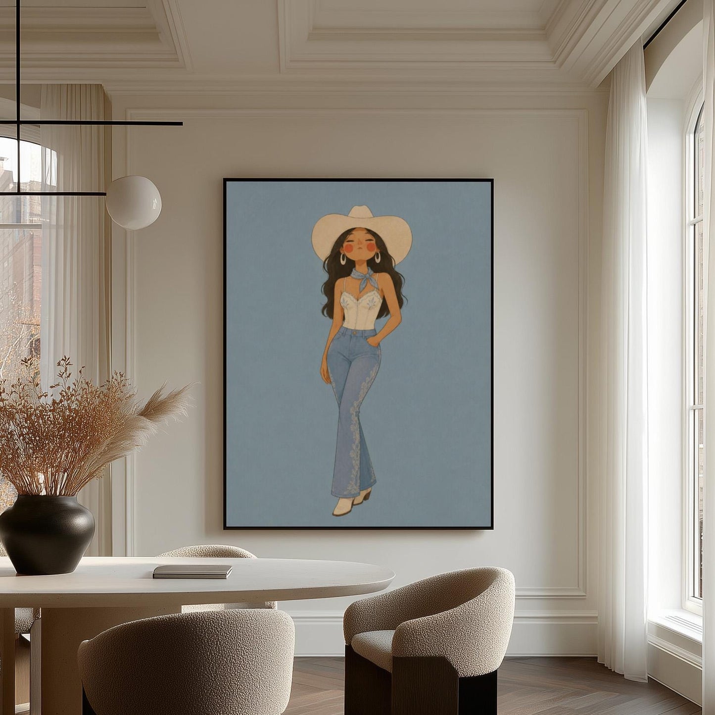 Cowgirl in flare jeans and white top against a dusty blue field, canvas wall art styled against a soft white wall