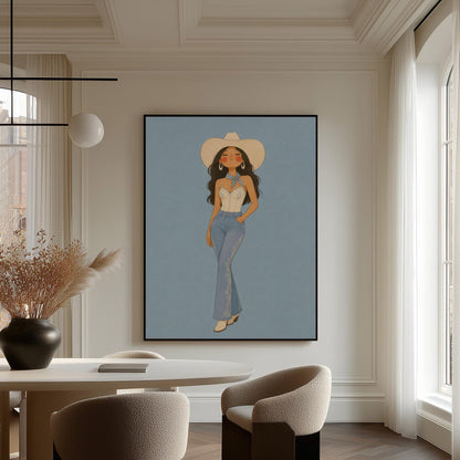 Cowgirl in flare jeans and white top against a dusty blue field, canvas wall art styled against a soft white wall