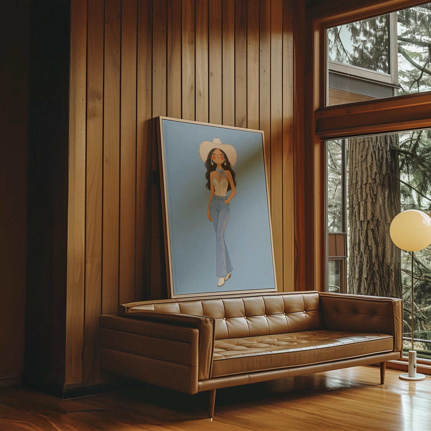 Cowgirl in flare jeans and white top against a dusty blue field, canvas wall art presented in a light, minimal room