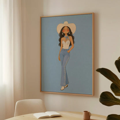 Cowgirl in flare jeans and white top against a dusty blue field, canvas wall art on a quiet wall in a considered interior