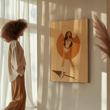 Cowgirl in a white star bodysuit against a large burnt orange sun disc, canvas print styled against a soft white wall