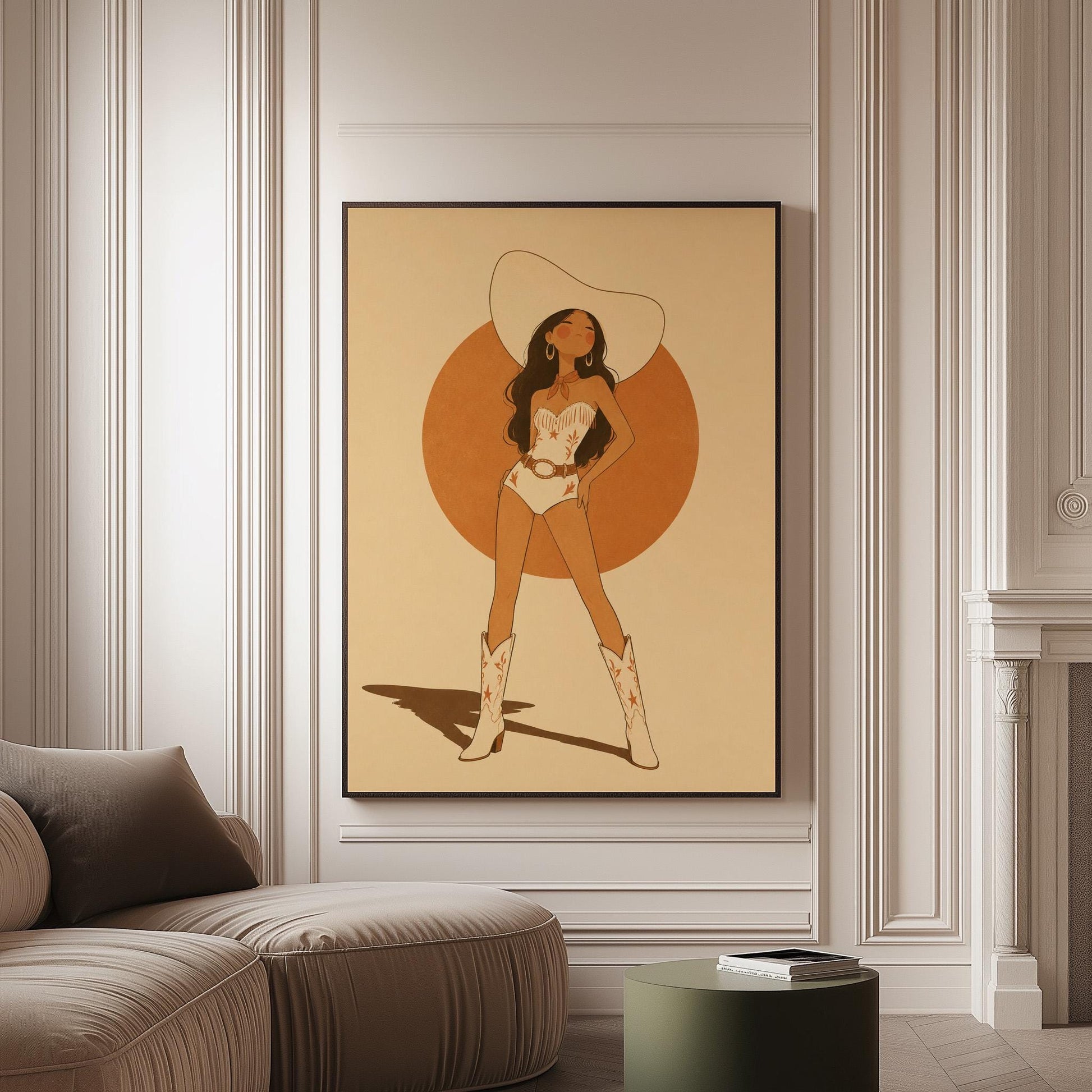 Cowgirl in a white star bodysuit against a large burnt orange sun disc, canvas print on a softly lit wall in a calm interior